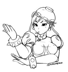 Rule 34 | 1girl, bowl, bracelet, breasts, bun cover, capcom, china dress, chinese clothes, chun-li, commentary, double bun, dress, earrings, eating, food, food in mouth, food on head, gameplay mechanics, greyscale, jewelry, kuroonehalf, lineart, monochrome, noodles, object on head, puffy sleeves, short hair, solo, spiked bracelet, spikes, street fighter, street fighter v, twitter username