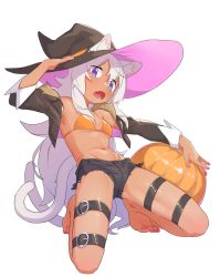 Rule 34 | 1girl, animal ear fluff, animal ears, arm up, bikini, bikini under clothes, black hat, black jacket, black shorts, blue eyes, blush, breasts, cat ears, cat girl, cat tail, commentary request, cropped jacket, ears through headwear, full body, hair between eyes, hand on headwear, hat, highleg, highleg bikini, highres, jacket, looking at viewer, nail polish, open clothes, open jacket, open mouth, orange bikini, original, owasaki, pink nails, short shorts, shorts, simple background, small breasts, solo, swimsuit, tail, thigh strap, toenail polish, toenails, white background, white hair, witch hat