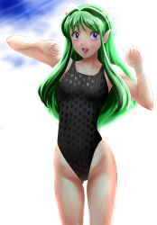 Rule 34 | 1girl, absurdres, blue eyes, competition swimsuit, green hair, highleg, highleg swimsuit, highres, horns, long hair, lum, nanao futaba, one-piece swimsuit, open mouth, pointy ears, solo, swimsuit, urusei yatsura