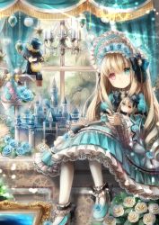 Rule 34 | 1girl, ankle cuffs, bad id, bad pixiv id, black bow, blonde hair, blue dress, blue eyes, bonnet, bow, bowtie, castle, character doll, clock, dress, flower, hair bow, headband, heterochromia, high heels, highres, lolita fashion, long hair, looking at viewer, mini person, miniboy, original, pantyhose, red eyes, reflection, short hair, sitting, white flower, white pantyhose, window, wrist cuffs, yumeichigo alice