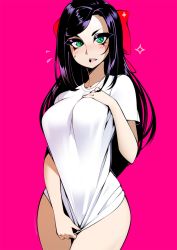 Rule 34 | 1girl, black hair, blush, borrowed character, bottomless, bow, breasts, cowboy shot, fang, flying sweatdrops, green eyes, hair bow, halphelt, hand on own chest, large breasts, long hair, looking at viewer, nose blush, open mouth, original, pink background, red bow, shirt, shirt tug, short sleeves, solo, sweatdrop, t-shirt, white shirt