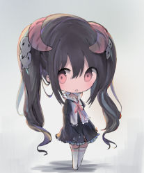 Rule 34 | 1girl, :d, bad id, bad pixiv id, black dress, black hair, blush, chibi, commentary request, cottontailtokki, cross-laced clothes, curled horns, demon horns, dress, frilled dress, frills, full body, grey background, hair between eyes, hair ornament, highres, horns, long hair, long sleeves, looking at viewer, no shoes, open mouth, original, sidelocks, skull hair ornament, sleeves past fingers, sleeves past wrists, smile, solo, standing, thighhighs, twintails, very long hair, white thighhighs, wide sleeves