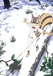 Rule 34 | 1girl, animal ears, balancing, black eyes, blonde hair, boots, bow, bowtie, breath, brown hair, chipmunk (kemono friends), chipmunk ears, chipmunk girl, chipmunk tail, commentary, dated, elbow gloves, fallen tree, footprints, gloves, hair between eyes, highres, kemono friends, multicolored hair, outdoors, outstretched arms, red bow, red bowtie, shirt, signature, snow, solo, spread arms, striped tail, tail, walking, white hair, white shirt, winter, yoshida hideyuki