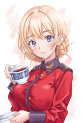 1girl blonde_hair blue_eyes braid cup darjeeling_(girls_und_panzer) epaulettes girls_und_panzer highres holding holding_cup holding_saucer jacket looking_at_viewer military_uniform open_mouth pele@mix red_jacket saucer short_hair simple_background smile solo st._gloriana&#039;s_military_uniform teacup twin_braids upper_body white_background