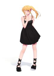 Rule 34 | 1girl, absurdres, black dress, black footwear, blonde hair, breasts, closed mouth, collarbone, commentary, dress, english commentary, floating hair, full body, hand up, highres, hoshino ruby, lone nape hair, long hair, looking at viewer, medium breasts, one eye closed, oshi no ko, pink eyes, side ponytail, sidelocks, simple background, smile, solo, spaghetti strap, star-shaped pupils, star (symbol), symbol-shaped pupils, war artwork, white background