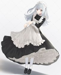 Rule 34 | 1girl, apron, apron lift, black dress, blue hair, blush, brown footwear, clothes lift, dress, dutch angle, frilled apron, frills, full body, highres, loafers, long hair, looking at viewer, maid, maid headdress, mechiru, original, pantyhose, parted lips, petticoat, shoes, sleeve cuffs, solo, two side up, white apron, white pantyhose