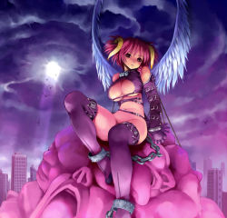 Rule 34 | 1girl, angel, bdsm, bondage, bottomless, bound, breasts, brown eyes, chain, city, cleavage, cleavage cutout, clothing cutout, cuffs, demon girl, detached sleeves, horns, large breasts, legion, legion (castlevania), light rays, looking at viewer, navel, original, pink hair, shackles, short hair, sitting, sky, slave, solo, sunbeam, sunlight, thighhighs, togusa masamu, turtleneck, underboob, wings