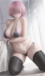 Rule 34 | 1girl, absurdres, bare shoulders, bikini, black-framed eyewear, black bikini, black ribbon, black thighhighs, breasts, cleavage, collarbone, colored eyelashes, commentary, fate/grand order, fate (series), free style (yohan1754), glasses, gluteal fold, hair over one eye, highres, indoors, kneeling, large breasts, mash kyrielight, navel, parted lips, pink hair, purple eyes, revision, ribbon, semi-rimless eyewear, side-tie bikini bottom, skindentation, solo, stomach, swimsuit, thighhighs, under-rim eyewear, wooden floor, wristband