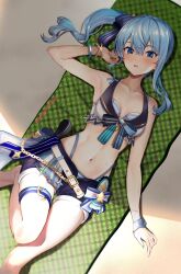 Rule 34 | 1girl, :o, beach towel, belt, bikini under shorts, blue eyes, blue hair, blush, bracelet, breasts, collarbone, highres, hololive, hololive summer 2023 swimsuit, hoshimachi suisei, jewelry, looking at viewer, lying, navel, on back, open fly, open mouth, panty straps, pukara, short shorts, shorts, side ponytail, small breasts, solo, stomach, thigh strap, thighs, towel, virtual youtuber, white belt
