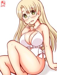 Rule 34 | 1girl, artist logo, blonde hair, blunt bangs, breasts, casual one-piece swimsuit, cleavage, commentary request, cosplay, dated, feet out of frame, frilled one-piece swimsuit, frilled swimsuit, frills, green eyes, highleg, highleg swimsuit, kanon (kurogane knights), kantai collection, large breasts, long hair, looking at viewer, northampton (kancolle), one-hour drawing challenge, one-piece swimsuit, sagiri (kancolle), sagiri (kancolle) (cosplay), semi-rimless eyewear, side-tie swimsuit, simple background, sitting, solo, swimsuit, white background, white one-piece swimsuit