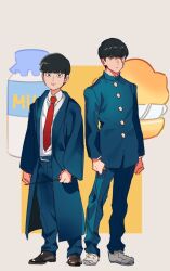Rule 34 | 2boys, arms at sides, black hair, blunt bangs, bottle, bowl cut, coat, cosplay, costume switch, cream puff, crossover, expressionless, facial mark, food, full body, gakuran, hairstyle connection, height difference, holding, holding wand, kageyama shigeo, long sleeves, looking at viewer, male focus, mash burnedead, mashle, milk bottle, mob psycho 100, multiple boys, necktie, pants, red necktie, school uniform, shirt, shoes, short hair, siotomato, smile, standing, wand, white footwear, white shirt