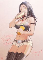 Rule 34 | 1girl, arisa (crazy food truck), black hair, blush, boots, breasts, breasts day, cleavage, collar, crazy food truck, cross-laced footwear, cup, dark-skinned female, dark skin, eating, fast food, female focus, food, food on face, gem, highres, ketchup, lace-up boots, large breasts, long hair, looking at viewer, medium breasts, official art, ogaki rokurou, short shorts, shorts, solo, thighhighs, yellow eyes