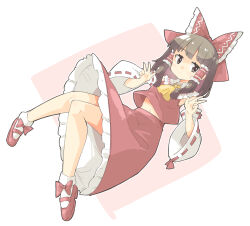 Rule 34 | 1girl, arnest, ascot, bare shoulders, bow, brown eyes, brown hair, detached sleeves, double v, frilled skirt, frills, hair bow, hair tubes, hakurei reimu, highres, japanese clothes, long hair, nontraditional miko, red bow, red footwear, red skirt, ribbon-trimmed sleeves, ribbon trim, shoes, sidelocks, skirt, socks, solo, touhou, v, white sleeves, white socks, wide sleeves, yellow ascot