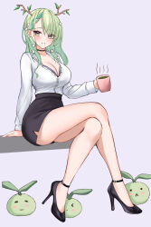 Rule 34 | 1girl, absurdres, alternate costume, bare legs, black choker, black footwear, black skirt, bra, bra peek, breasts, ceres fauna, choker, cleavage, crossed legs, cup, flower, green hair, grey bra, grin, hair branch, hair flower, hair ornament, high-waist skirt, high heels, highres, holding, holding cup, hololive, hololive english, large breasts, long hair, long sleeves, looking at viewer, miniskirt, mole, mole under eye, parfait desu, partially unbuttoned, pencil skirt, sapling (ceres fauna), shirt, shirt tucked in, sitting, skirt, smile, solo, thighs, underwear, virtual youtuber, white shirt, yellow eyes
