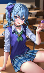 Rule 34 | 1girl, absurdres, alternate costume, arm support, black choker, blue eyes, blue hair, blue ribbon, blue skirt, blue vest, blush, breasts, candy, choker, classroom, commentary, commentary request, desk, double-parted bangs, earrings, food, green neckerchief, hair between eyes, hair ribbon, highres, holding, holding candy, holding food, holding lollipop, hololive, hoshimachi suisei, indoors, jewelry, lollipop, long sleeves, looking at viewer, medium hair, miniskirt, nagori suyo, neckerchief, on desk, open mouth, plaid, plaid skirt, pleated skirt, ribbon, school, school desk, shirt, side ponytail, sitting, on desk, skirt, sleeves rolled up, small breasts, smile, solo, star (symbol), star earrings, star in eye, symbol in eye, vest, virtual youtuber, white shirt
