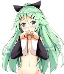 Rule 34 | 10s, 1girl, :o, aikawa ryou, blush, breasts, choker, commentary request, detached sleeves, green eyes, green hair, hair ornament, hair ribbon, hairclip, kantai collection, long hair, navel, nude, out-of-frame censoring, ribbon, small breasts, solo, white background, yamakaze (kancolle)