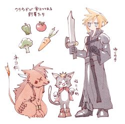 Rule 34 | 3boys, animal, armor, beads, bell pepper, black cape, black footwear, black fur, black gloves, black pants, black shirt, black sleeves, blonde hair, blue eyes, boots, broccoli, brown footwear, cait sith (ff7), cape, carrot, cat, cloud strife, crown, earrings, facial mark, feather hair ornament, feathers, final fantasy, final fantasy vii, final fantasy vii advent children, flame-tipped tail, food, full body, fusion swords, gloves, hair beads, hair ornament, jewelry, leg tattoo, male focus, mini crown, multiple boys, nitoya 00630a, orange fur, pants, pepper, red cape, red hair, red xiii, scar, scar across eye, shirt, short hair, shoulder armor, single bare shoulder, single earring, single shoulder pad, single sleeve, sitting, spiked hair, standing, tattoo, tomato, two-tone fur, vegetable, waist cape, white fur, white gloves