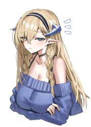 Rule 34 | 1girl, arknights, bare shoulders, black choker, black hairband, blue eyes, blue sweater, bra strap, choker, commentary, hairband, highres, horn/wood, horns, long sleeves, looking at viewer, off-shoulder sweater, off shoulder, pointy ears, saileach (arknights), simple background, solo, sweater, upper body, white background