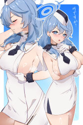 Rule 34 | 1girl, absurdres, ako (blue archive), blue archive, blue eyes, blue hair, blush, breasts, clenched teeth, closed eyes, covered navel, dress, garrison cap, gloves, hair between eyes, halo, hat, highres, large breasts, long hair, looking at viewer, multiple views, necktie, nolmo, open mouth, short dress, sideboob, sweat, teeth, thighs, translation request, white dress, white gloves, white headwear