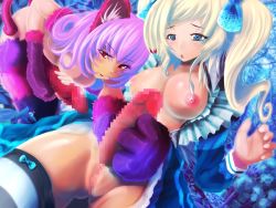 Rule 34 | 2girls, alice (alice in wonderland), alice in wonderland, animal ears, animal hands, aomidori, blonde hair, blue eyes, breasts, cat ears, cat paws, cat tail, censored, cheshire cat (alice in wonderland), covered erect nipples, dress, futanari, highres, large penis, long hair, multiple girls, nipples, penis, personification, purple hair, pussy, red eyes, smile, tail, torn clothes, twintails
