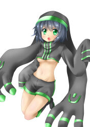 Rule 34 | :o, absurdres, black footwear, black hood, black shirt, black shorts, blush, boots, breasts, crop top, green eyes, green stripes, green trim, grey hair, highres, long sleeves, looking at viewer, medium breasts, navel, open mouth, original, quel, shirt, shorts, simple background, sleeves past fingers, sleeves past wrists, underboob, v-shaped eyebrows, white background