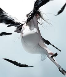 Rule 34 | 1girl, backless dress, backless outfit, black eyes, black feathers, black footwear, black hair, black wings, breasts, dress, feathers, flying, from below, gun, hair behind ear, highres, holding, holding gun, holding weapon, jung myung lee, large breasts, original, rifle, sideboob, sky, sniper rifle, soles, solo, weapon, wings
