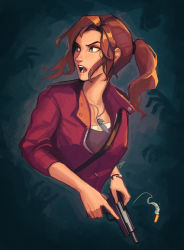 Rule 34 | 1girl, artist name, blue background, blue eyes, bracelet, brown hair, casing ejection, claire redfield, commentary, cropped torso, english commentary, gun, handgun, highres, jewelry, long hair, looking to the side, open mouth, pendant, ponytail, qtori, resident evil, resident evil 2, resident evil 2 (remake), shell casing, solo, weapon