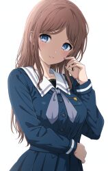 Rule 34 | 1girl, absurdres, arm across waist, bang dream!, bang dream! it&#039;s mygo!!!!!, blue eyes, blue shirt, blue skirt, blush, breast pocket, breasts, brown hair, buttons, closed mouth, commentary, grey neckerchief, hand on own hip, hand up, highres, large breasts, light smile, long hair, long sleeves, looking at viewer, nagasaki soyo, neckerchief, noshimurin, parted bangs, pleated skirt, pocket, sailor collar, school uniform, serafuku, shirt, sidelocks, simple background, skirt, solo, standing, tsukinomori school uniform, upper body, white background, white sailor collar
