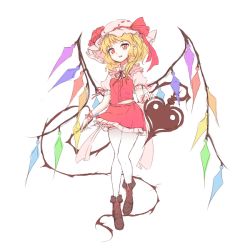 Rule 34 | 1girl, bad id, bad twitter id, blonde hair, boots, cross-laced footwear, crystal, flandre scarlet, flat color, full body, hat, hat ribbon, lace-up boots, laevatein, looking at viewer, minust, mob cap, open mouth, pointy ears, puffy sleeves, red eyes, ribbon, shirt, short hair, short sleeves, side ponytail, simple background, skirt, skirt set, smile, solo, touhou, vest, white background, white legwear, wings, unfinished, wrist cuffs