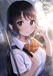 Rule 34 | 1girl, backpack, bag, black hair, black skirt, blurry, blurry background, blush, bow, breasts, brown bow, brown eyes, collared shirt, commentary request, depth of field, dress shirt, hands up, highres, kentaurosu, looking at viewer, medium breasts, original, outdoors, parted lips, pleated skirt, rain, school uniform, shared umbrella, shirt, short sleeves, skirt, solo, umbrella, white shirt