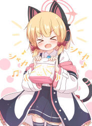Rule 34 | 1girl, animal ear headphones, animal ears, araki495, beamed eighth notes, black skirt, black thighhighs, blonde hair, blue archive, blue necktie, blush, bow, cat tail, closed eyes, collared shirt, cowboy shot, eighth note, fake animal ears, hair bow, halo, headphones, highres, holding, jacket, long sleeves, momoi (blue archive), motion lines, musical note, necktie, open clothes, open jacket, open mouth, pink halo, pleated skirt, red bow, shirt, short hair, skirt, smile, solo, tail, thighhighs, white jacket, white shirt, wide sleeves