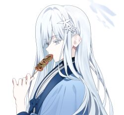 Rule 34 | 1girl, absurdres, blue archive, chip le cree, colored eyelashes, eating, food, from side, grey eyes, grey hair, grey halo, hair ornament, halo, haori, highres, holding, holding food, japanese clothes, long hair, nagusa (blue archive), sailor collar, school uniform, serafuku, simple background, solo, white background, white sailor collar, yakitori