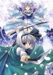 Rule 34 | 2girls, ascot, blue eyes, bug, butterfly, cherry blossoms, closed eyes, dual wielding, female focus, fighting stance, floating, frills, hairband, hat, hitodama, holding, insect, katana, konpaku youmu, konpaku youmu (ghost), long skirt, long sleeves, looking at viewer, multiple girls, open mouth, outstretched arm, outstretched arms, petals, pink hair, saigyouji yuyuko, sato-pon, serious, short hair, side slit, skirt, skirt set, spread arms, sword, touhou, vest, weapon, white hair, wide sleeves, wind