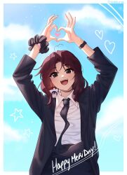 Rule 34 | 1girl, annidrw, black necktie, brown eyes, brown hair, brown pants, formal, happy birthday, heart, heart hands, highres, long hair, necktie, open mouth, original, pants, shirt, solo, suit, teeth, tongue, white shirt, wristband