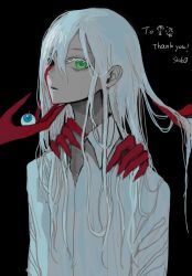 Rule 34 | 1boy, 3others, blood, bloody tears, blue eyes, colored skin, commission, eyeball, green eyes, guro, hair between eyes, heterochromia, holding, holding eye, long hair, looking at viewer, male focus, multiple others, original, parted lips, red skin, shida 7, signature, skeb commission, solo focus, thank you, white hair