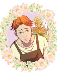 Rule 34 | 1boy, apron, blush, bouquet, brown eyes, collarbone, flower, frown, highres, male focus, orange hair, shadow (sk8), simple background, sk8 the infinity, solo, sweatdrop, white background, yoshii alpha2