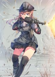 Rule 34 | 10s, 1girl, anchor hair ornament, bad id, bad twitter id, black ribbon, black skirt, blonde hair, blue eyes, casing ejection, cross, daito, firing, gloves, gun, hair ornament, hat, iron cross, kantai collection, long sleeves, low twintails, microskirt, military, military hat, military uniform, mp 40, over-kneehighs, peaked cap, prinz eugen (kancolle), ribbon, shell casing, skirt, solo, submachine gun, thighhighs, twintails, uniform, weapon, wehrmacht, white gloves
