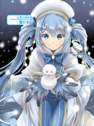 Rule 34 | 1girl, 1other, animal, animal on shoulder, beret, blue bow, blue bowtie, blue eyes, blue gloves, blue hair, blue tabard, blurry, blurry foreground, blush stickers, bow, bowtie, braid, capelet, commentary, dress, fortissimo, gloves, gold trim, hachune miku, hair bow, hair ornament, hairclip, hat, hatsune miku, highres, holding snowman, leaning forward, light blue hair, long hair, looking at viewer, miyauchi yuusuke, musical note, musical note hair ornament, night, rabbit, rabbit yukine, smile, snowflake print, snowing, snowman, solid circle eyes, solo focus, tabard, twintails, upper body, very long hair, vocaloid, white capelet, white dress, white headwear, yuki miku, yuki miku (2021)