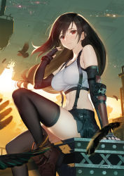 Rule 34 | 1girl, bare shoulders, bird, black feathers, black hair, black skirt, black thighhighs, blush, breasts, crop top, earrings, feathers, final fantasy, final fantasy vii, final fantasy vii remake, fingerless gloves, gloves, highres, jewelry, large breasts, legs, long hair, looking at viewer, low-tied long hair, midriff, navel, outdoors, pleated skirt, red eyes, red footwear, siino, sitting, skirt, solo, suspender skirt, suspenders, tank top, thighhighs, tifa lockhart
