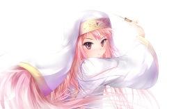 Rule 34 | 1girl, absurdres, blush, from behind, garyljq, habit, highres, long hair, looking back, louise francoise le blanc de la valliere, nun, pink hair, simple background, solo, wand, zero no tsukaima