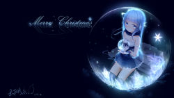 Rule 34 | 1girl, artist name, bad id, bad pixiv id, bare shoulders, blue background, blue eyes, blue gloves, blue hair, blue legwear, blue scarf, blue skirt, blush, breasts, christmas, christmas tree, commentary, dark background, dated, dress, fingerless gloves, frilled dress, frilled skirt, frills, futoshi ame, glass, gloves, hair ornament, highres, holding, inside bubble, long hair, looking at viewer, merry christmas, nose blush, original, outstretched hand, scarf, sidelocks, signature, simple background, sitting, skirt, sleeveless, small breasts, smile, snow, snow globe, snowflakes, solo, strapless, strapless dress, twintails, very long hair