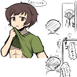 Rule 34 | 2boys, abs, adapted costume, akiyama yukari, blush, brown eyes, brown hair, closing door, clothes lift, commentary, cropped torso, dress shirt, flying sweatdrops, genderswap, genderswap (ftm), girls und panzer, green shirt, highres, lifted by self, looking at another, male focus, messy hair, multiple boys, muscular, muscular male, necktie, nishizumi miho, ooarai school uniform, partially colored, ponita-poniponi, school uniform, shirt, shirt lift, short hair, short sleeves, t-shirt, translated, wiping sweat