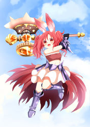 Rule 34 | 1girl, :d, animal ears, armor, armored boots, axe, battle axe, black gloves, blue sky, blush, boots, chimame chronicle, cloud, day, fang, faulds, full body, fur trim, gloves, gochuumon wa usagi desu ka?, joutarou (vv-kancole), long hair, midriff, natsu megumi, navel, open mouth, rabbit ears, red eyes, red hair, skirt, sky, smile, solo, spiked gauntlets, strapless, swinging, tube top, twintails, vambraces, weapon, white skirt