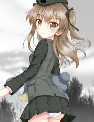 Rule 34 | 10s, 1girl, ass, beret, black hat, black jacket, black skirt, boko (girls und panzer), brown eyes, closed mouth, cowboy shot, crotch seam, flipper, forest, from behind, frown, girls und panzer, hair ribbon, hat, holding, holding stuffed toy, jacket, light brown hair, long hair, looking at viewer, looking back, military, military uniform, miniskirt, nature, outdoors, overcast, panties, pantyshot, pleated skirt, ribbon, selection university military uniform, shimada arisu, side ponytail, skirt, sky, solo, standing, stuffed animal, stuffed toy, teddy bear, underwear, uniform, white panties