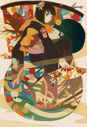 1boy black_hair black_kimono bob_cut branch floral_background floral_print floral_print_kimono flower folding_fan furisode furisode_sleeves hair_flower hair_ornament hand_fan heart holding holding_fan hunter_x_hunter japanese_clothes kalluto_zoldyck kimono looking_at_viewer looking_back male_focus mole mole_under_mouth obi paper_fan pink_eyes print_kimono sash short_hair tree wind xi_yuu