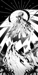 Rule 34 | 1girl, absurdres, barefoot, black hair, breasts, demon, demon girl, demon horns, dress, eyeball, fate/grand order, fate (series), floating, flower, greyscale, halo behind head, highres, horns, large breasts, long hair, looking at viewer, looking down, mochimachi, monochrome, outstretched arms, pelvic curtain, reaching, revealing clothes, sessyoin kiara, sessyoin kiara (beast iii/r), solo, spider lily, spread arms, thighhighs, too many hands, very long hair, wavy hair, white thighhighs