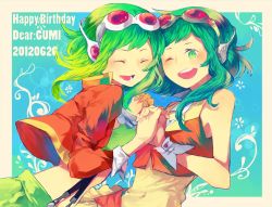Rule 34 | 2girls, dual persona, goggles, goggles on head, green eyes, green hair, gumi, holding hands, headphones, jacket, gumi (v3 megpoid), multiple girls, open mouth, short hair, skirt, smile, vocaloid, waka charoku, wink, wrist cuffs