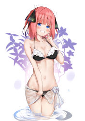 Rule 34 | 1girl, absurdres, auui, bare arms, bare shoulders, bikini, black bikini, black ribbon, blue eyes, blue nails, blush, breasts, cleavage, commentary request, go-toubun no hanayome, grin, groin, hair ribbon, hand up, highres, index finger raised, looking at viewer, medium breasts, multicolored nails, nail polish, nakano nino, navel, pink hair, pink nails, ribbon, see-through, smile, solo, standing, swimsuit, two side up, wading, water, white background