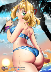 Rule 34 | 1girl, absurdres, ass, bare back, bare shoulders, bikini, blonde hair, blue bikini, blue eyes, blurry, blurry background, bracelet, breasts, butt crack, cowboy shot, dusk, eating, fiora (xenoblade), food, from behind, hair intakes, highres, jewelry, long hair, looking at viewer, looking back, medium breasts, ocean, open mouth, palm tree, popsicle, sasa tseng, sky, solo, standing, sun, swimsuit, tree, twilight, wet, xenoblade chronicles (series), xenoblade chronicles 1