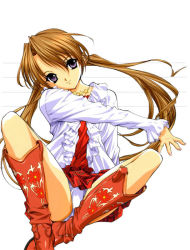 Rule 34 | 00s, 1girl, arms beside, boots, brown hair, crossed legs, floral print, indian style, jewelry, knee boots, long sleeves, looking at viewer, necklace, panties, pantyshot, plaid, plaid skirt, purple eyes, ring, sakuya (sister princess), simple background, sister princess, sitting, skirt, smile, solo, star (symbol), star necklace, third-party edit, twintails, underwear, white background, white panties